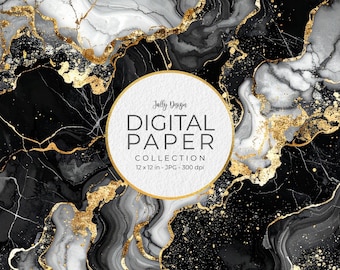 Elegant black marble with golden foil digital paper collection.
