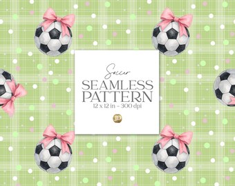 Girly soccer watercolor seamless pattern, coquette ball digital paper.