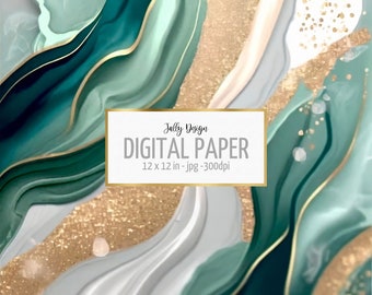 Papel digital de ágata verde luminoso decorada con lámina de oro y brillo dorado sobre fondo de tinta de alcohol.