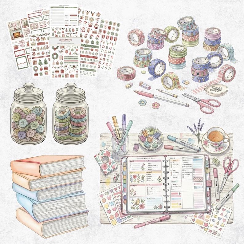 May include: An assortment of stationery items, including washi tape rolls, stickers, pens, scissors, and a planner. There are also jars filled with buttons and washi tape. A stack of books and a cup of tea are also present.