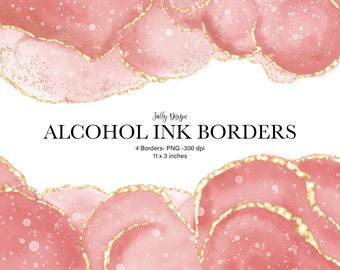 Rose gold alcohol ink borders clip art. Glam pink feminine decorative overlays.