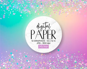 Coleção de papéis digitais com fundos holográficos em tons pastel e efeito de sonho, com confetes coloridos nas bordas.