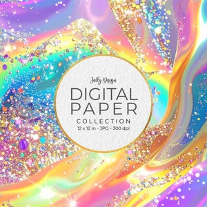 Holographic rainbow alcohol ink and golden shimmer digital paper collection