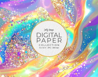 Coleção de papel digital com tinta de álcool arco-íris holográfico e brilho dourado