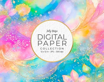 Neon iridescent alcohol ink, floral digital paper.