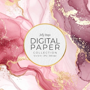 May include: Digital paper collection with a watercolor effect. The design features shades of pink and burgundy with gold accents. The image includes the text "Jolly Design DIGITAL PAPER COLLECTION 12 x 12 in - JPG - 300 dpi."