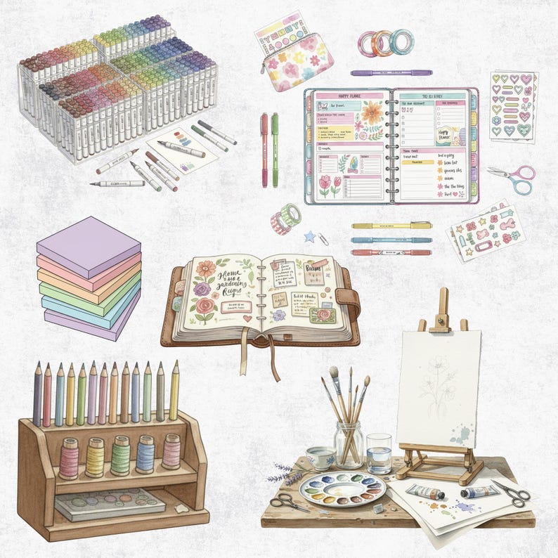 May include: An illustration of art and stationery supplies. The image includes a variety of colorful markers, pencils, pens, washi tape, stickers, a planner, a journal, paintbrushes, and a small easel with a blank canvas.