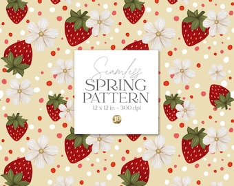 Strawberries and flowers seamless pattern