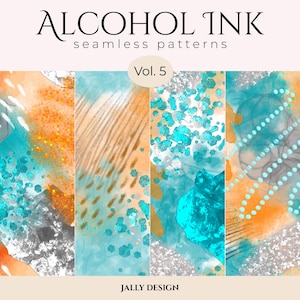 Padrões sem emendas com tinta alcoólica azul-petróleo e laranja: fundos abstratos glamorosos (download digital em JPG)