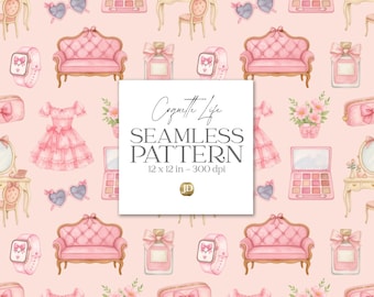 Pink coquette sofa, vanity and make up  seamless pattern