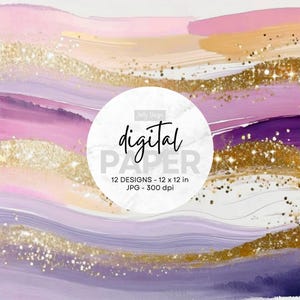 Paarse en gouden glitter penseelstreken getextureerde achtergronden.