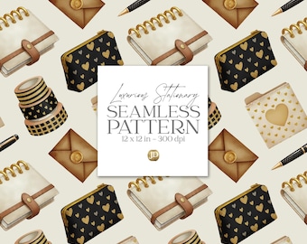 Black and beige stationary supplies  seamless pattern