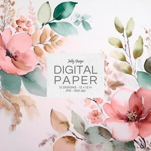 Esthetische, roze aquarel bloemen digitale papiercollectie.