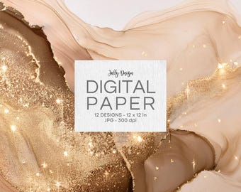 May include: Digital paper pack with 12 designs featuring abstract gold and brown marble patterns. Each design is 30.5 cm by 30.5 cm and 300 dpi.