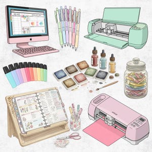 May include: An illustration of various craft and stationery supplies. Includes a pink computer, pens, highlighters, ink pads, ink bottles, a jar of colorful paper strips, a planner, and two cutting machines.