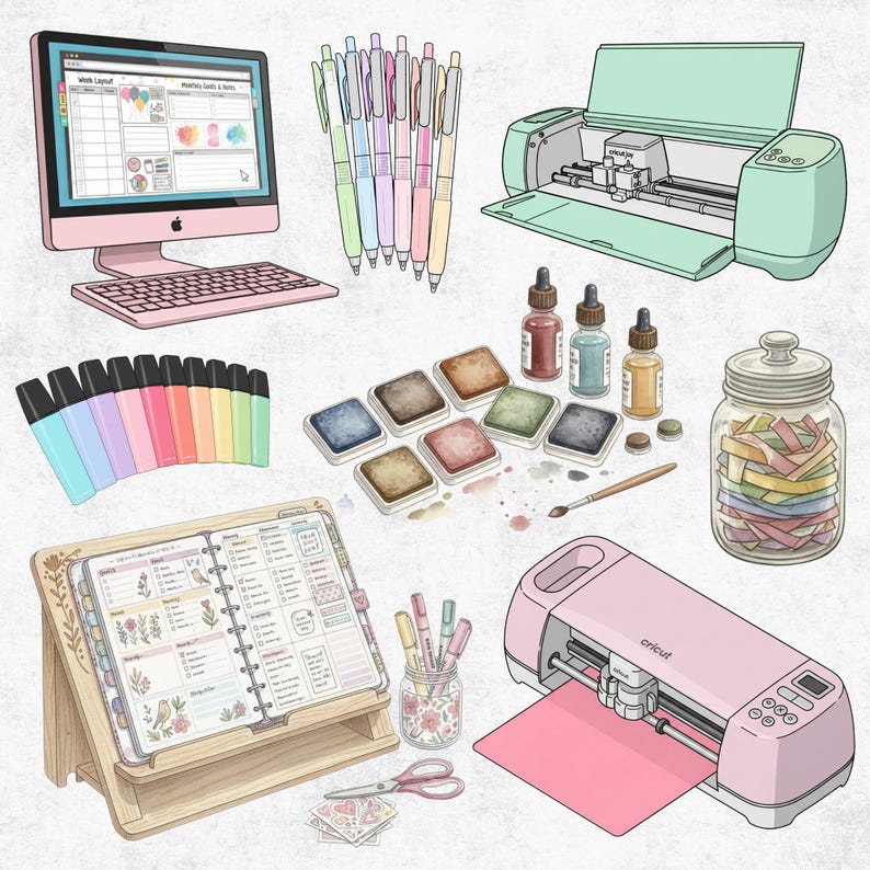May include: An illustration of various craft and stationery supplies. Includes a pink computer, pens, highlighters, ink pads, ink bottles, a jar of colorful paper strips, a planner, and two cutting machines.