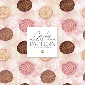 May include: A seamless pattern featuring illustrations of conchas, a traditional Mexican sweet bread. The conchas are in various colors, including brown, pink, and tan, set against a soft pink and white background. The image includes the text "Conchas SEAMLESS PATTERN 12 x 12 in - 300 dpi".