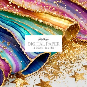 Bezaubernd irisierender Regenbogen Achat mit goldenen Glittereinfassungen. Digitale Papiersammlung.