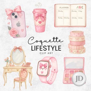May include: Watercolor clip art set featuring a pink phone case, coffee cup, planner, washi tape rolls, vanity, smart watch, and eyeshadow palette. The text "Coquette LIFESTYLE CLIP ART" is also included. The overall theme is feminine and girly.