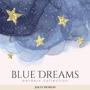 Blue watercolor borders clip art. Dreamy overlays clipart.