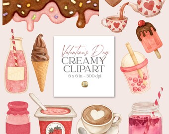 Sorvete, iogurte e bebidas com corações, clipart em aquarela PNG