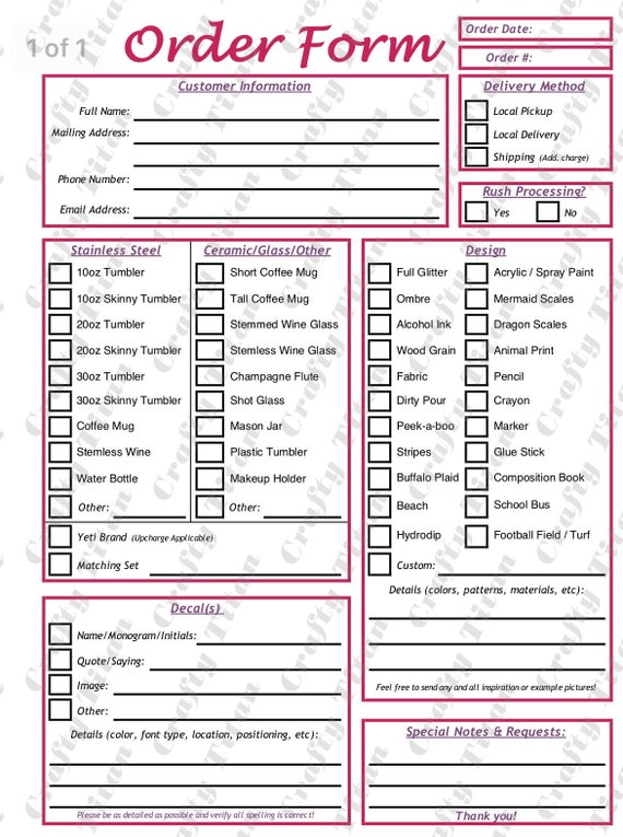 Downloadable Printable Free Tumbler Order Form Template Printable 