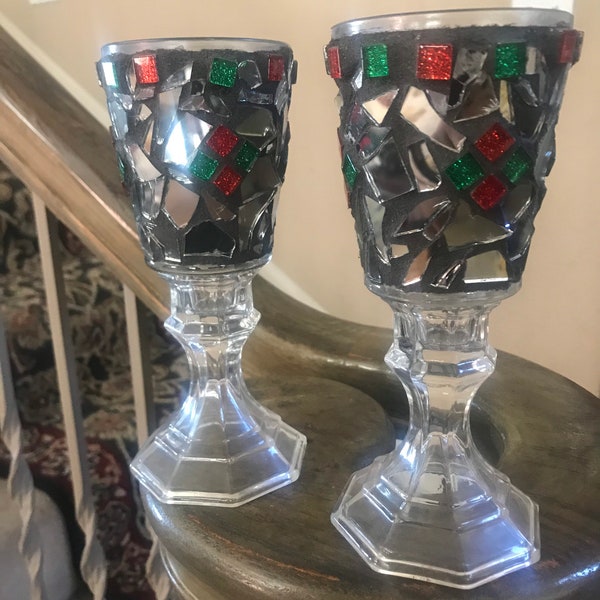 Mirrored mosaic candle holders