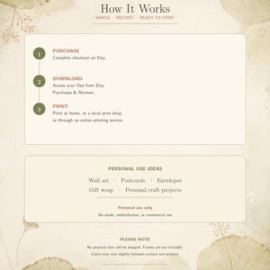 May include: A digital download instruction graphic featuring a beige background with botanical leaf illustrations. It outlines a three-step process: Purchase, Download, and Print. It also lists personal use ideas and a note about digital files.