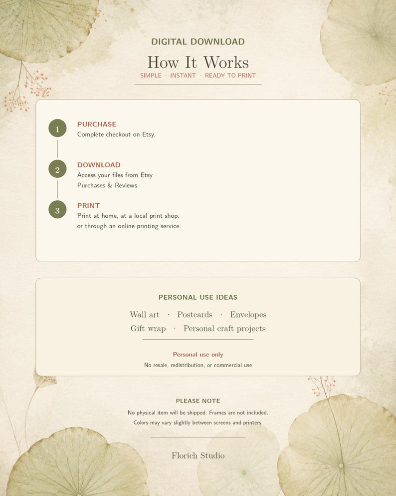 May include: A digital download instruction graphic featuring a beige background with botanical leaf illustrations. It outlines a three-step process: Purchase, Download, and Print. It also lists personal use ideas and a note about digital files.