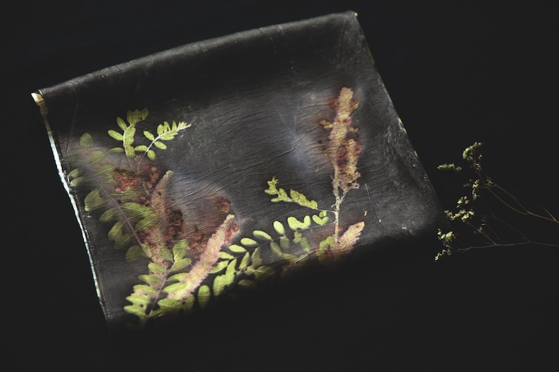 May include: A rectangular black fabric piece featuring botanical imprints of green fern leaves and brown textured plant stems. The surface displays a subtle crinkled texture with organic, earthy patterns distributed across the dark background.