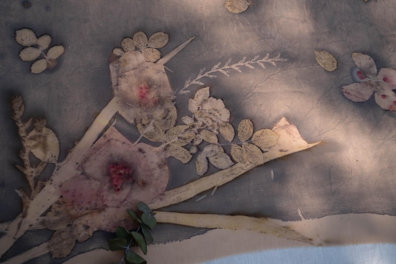 May include: A textile fabric featuring a botanical print with muted gray and blue tones. The design displays pressed flowers, leaves, and stems in shades of cream, pale pink, and soft green, creating a natural, layered floral pattern.