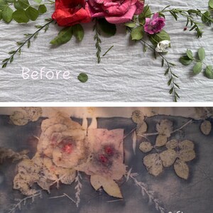May include: A split-view image showing a botanical printing process. The top section displays fresh red and pink roses with green leaves on a light grey fabric labelled Before. The bottom section shows the resulting blue-toned floral print labelled After.