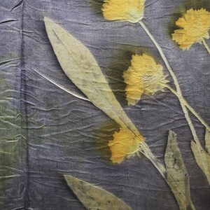 May include: A piece of fabric with a crinkled, dark purple-gray texture featuring botanical prints of yellow flowers and long, slender green leaves. The floral pattern appears as a natural dye transfer, showing organic shapes and soft color gradients.