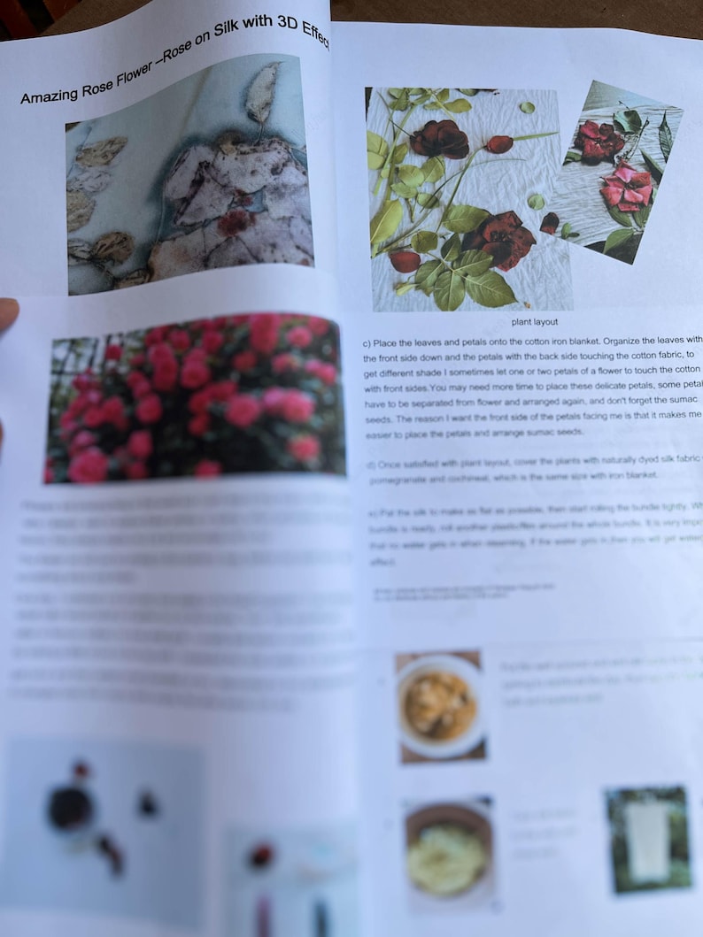 May include: Open book with images of rose flowers on silk. The text "Amazing Rose Flower - Rose on Silk with 3D Effect" is visible. The book shows a plant layout with instructions on how to arrange leaves and petals.