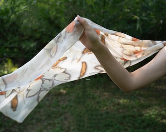The Spring Garden - Botanical Eco Printed Mulberry Silk Scarf 48x195cm, Plant Printed Shawl, Eucalyptus & Peony Print, Wearable Textile Art