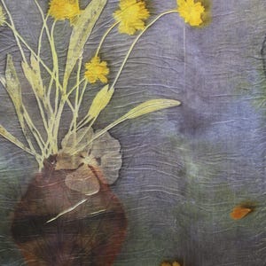 Coreopsis Flowers - Botanical Eco Print Mulberry Silk Scarf 90x90cm, Hand Dyed Square Shawl, Flower Print Silk Satin, Wearable Textile Art image 4
