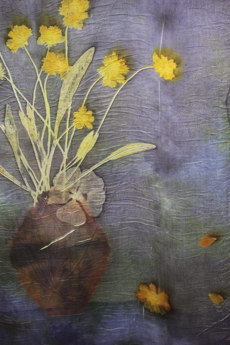 Coreopsis Flowers - Botanical Eco Print Mulberry Silk Scarf 90x90cm, Hand Dyed Square Shawl, Flower Print Silk Satin, Wearable Textile Art image 4