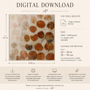 May include: A digital download listing featuring a square artwork of scattered orange and brown leaves on a textured white background. Text includes DIGITAL DOWNLOAD, 5000 x 5000 pixels, 300 DPI, and printing dimensions up to 50 x 50 cm.