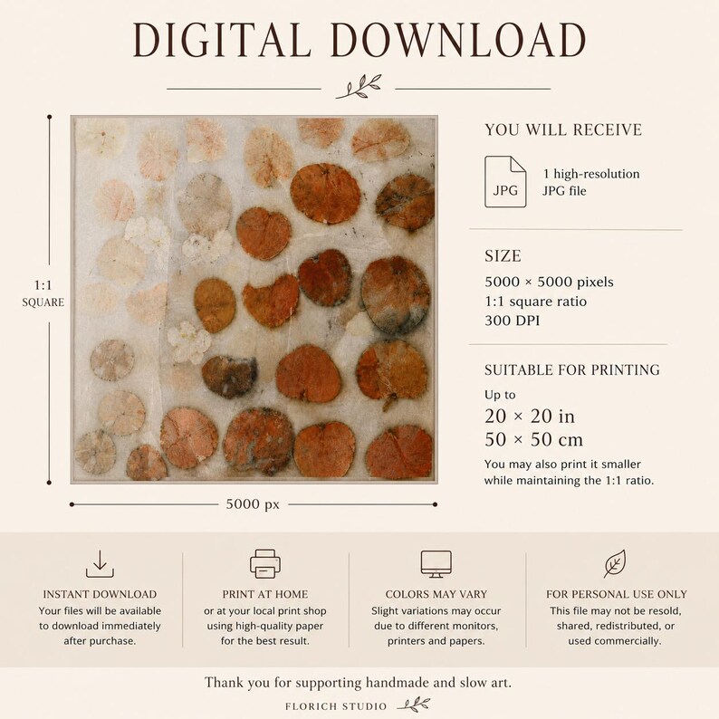 May include: A digital download listing featuring a square artwork of scattered orange and brown leaves on a textured white background. Text includes DIGITAL DOWNLOAD, 5000 x 5000 pixels, 300 DPI, and printing dimensions up to 50 x 50 cm.