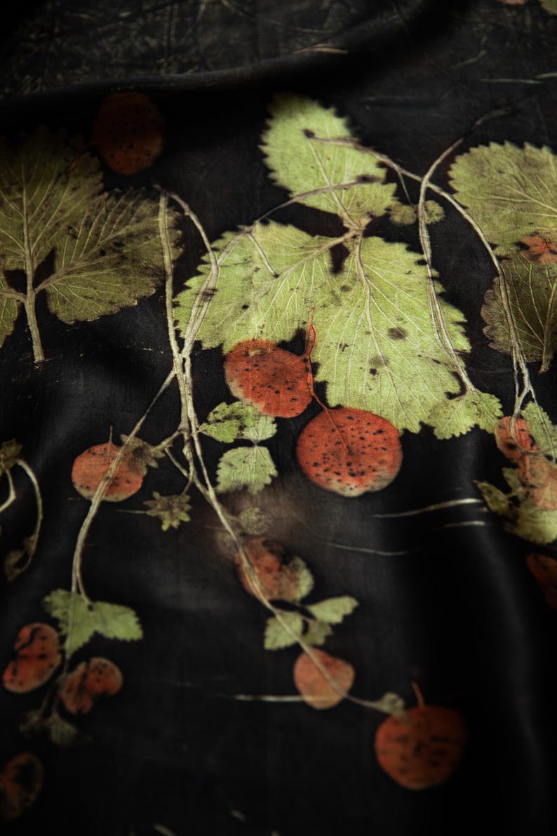 May include: A black fabric featuring a botanical print of green leaves and reddish-brown circular fruit or berries. The design displays a natural arrangement of stems and foliage with visible veins and textures, creating a dark, organic pattern.