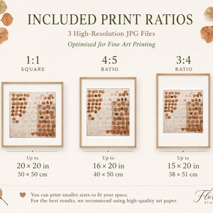 K&ouml;nnte beinhalten: Drei gerahmte Kunstdrucke mit Blattmotiven in den Verh&auml;ltnissen 1:1, 4:5 und 3:4. Der Text umfasst INCLUDED PRINT RATIOS, 3 High-Resolution JPG Files, Optimized for Fine Art Printing sowie Ma&szlig;e bis zu 50x50 cm, 40x50 cm und 38x51 cm.