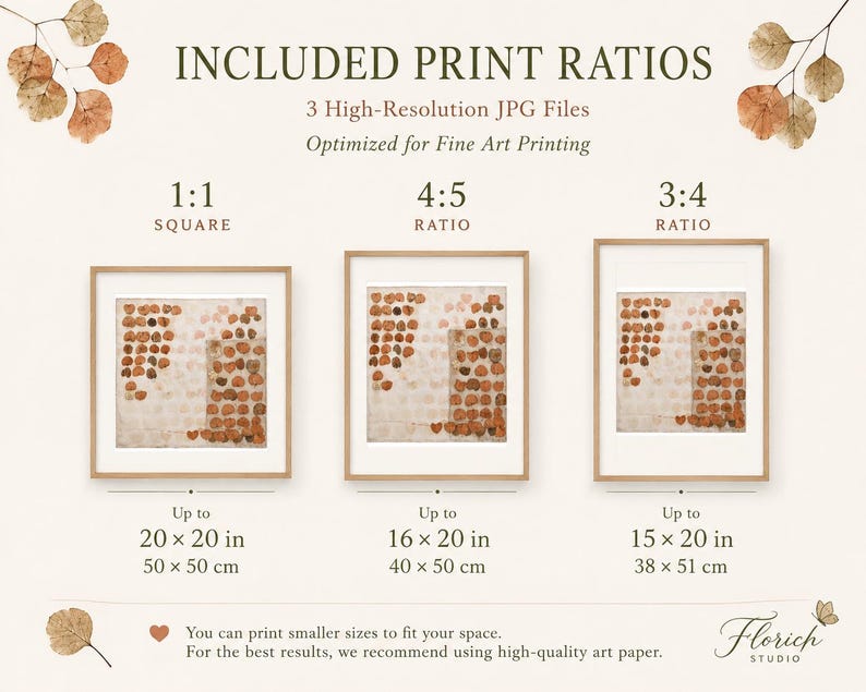 K&ouml;nnte beinhalten: Drei gerahmte Kunstdrucke mit Blattmotiven in den Verh&auml;ltnissen 1:1, 4:5 und 3:4. Der Text umfasst INCLUDED PRINT RATIOS, 3 High-Resolution JPG Files, Optimized for Fine Art Printing sowie Ma&szlig;e bis zu 50x50 cm, 40x50 cm und 38x51 cm.
