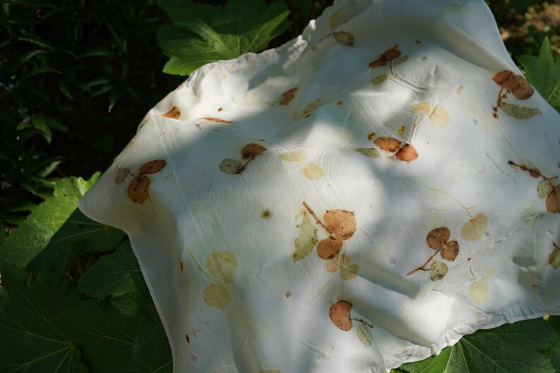 Wild Cherry - Botanical Eco Printed Mulberry Silk Scarf 53x53cm, Hand Dyed Silk, Eucalyptus Print, Minimalist Wearable Art, Nature Inspired image 2