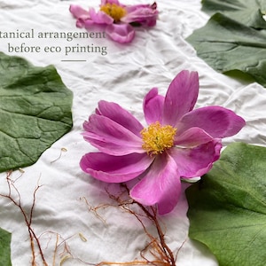 May include: A white fabric surface featuring a botanical arrangement of green leaves, pink flowers with yellow centers, and thin brown roots. The text "Botanical arrangement before eco printing" is printed in gray on the white fabric.