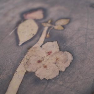May include: A piece of fabric featuring a botanical print with light beige flower and leaf silhouettes against a dark, muted grey background. The surface displays a visible crackled texture throughout, with subtle variations in colour depth.