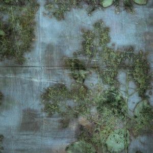 May include: A piece of fabric featuring a botanical print with green leaf and branch imprints on a muted blue and grey background. The textile displays organic, textured patterns created by the natural shapes of foliage pressed into the material.