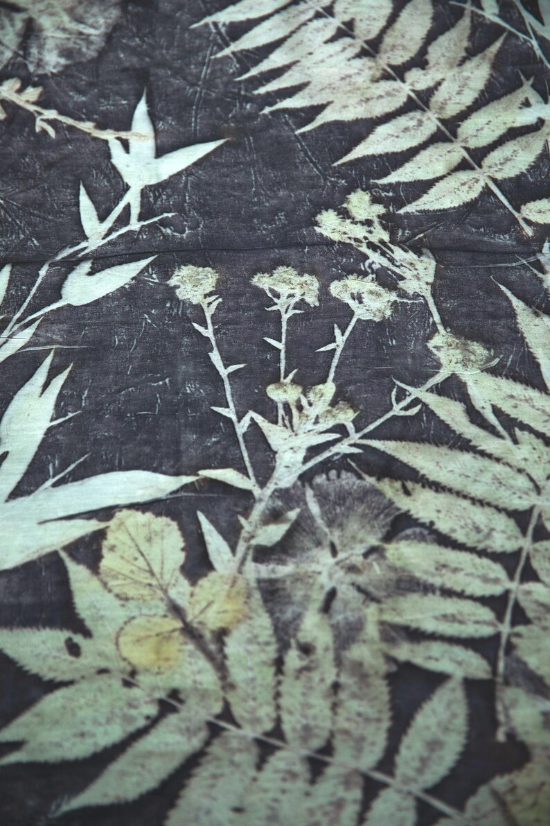 May include: A dark charcoal gray fabric featuring a botanical print with off-white silhouettes of various fern leaves and wildflower stems. The pattern displays detailed leaf structures and small flower clusters across the textile surface.