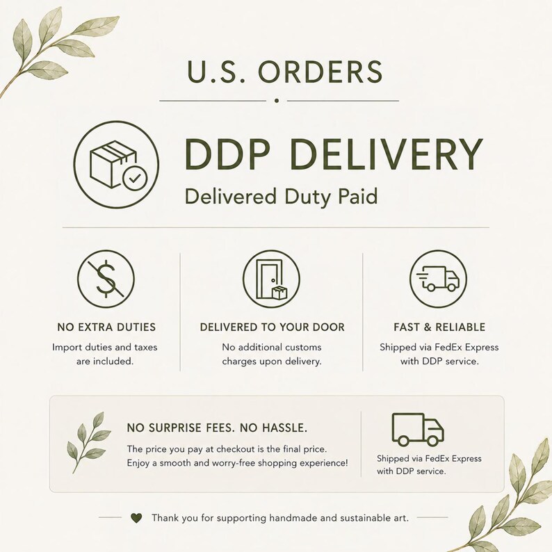 May include: An informational graphic for U.S. orders detailing DDP delivery, which stands for Delivered Duty Paid. The text explains that import duties and taxes are included, there are no extra customs charges, and items are shipped via FedEx Express.