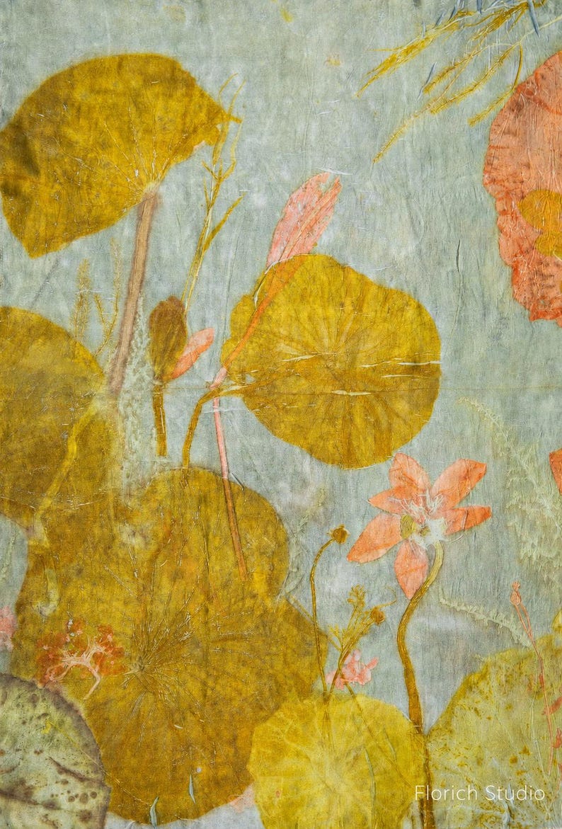 May include: A botanical print on textured paper featuring pressed yellow and orange leaves and flowers against a pale blue-grey background. The composition includes various circular foliage and delicate stems. The text Florich Studio is visible.