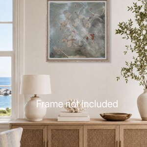 May include: A square wall art print featuring a botanical print with muted grey, green, and rust-colored leaf impressions on a textured background. The artwork is displayed in a light-colored frame, with the text Frame not included visible.